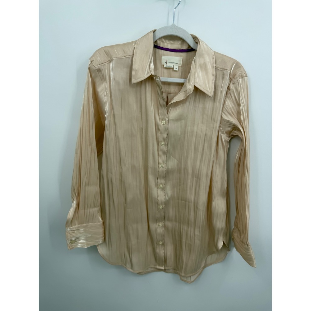 Anthropologie Pleated Shimmer Button Down Blouse Womens XS Champagne Metallic